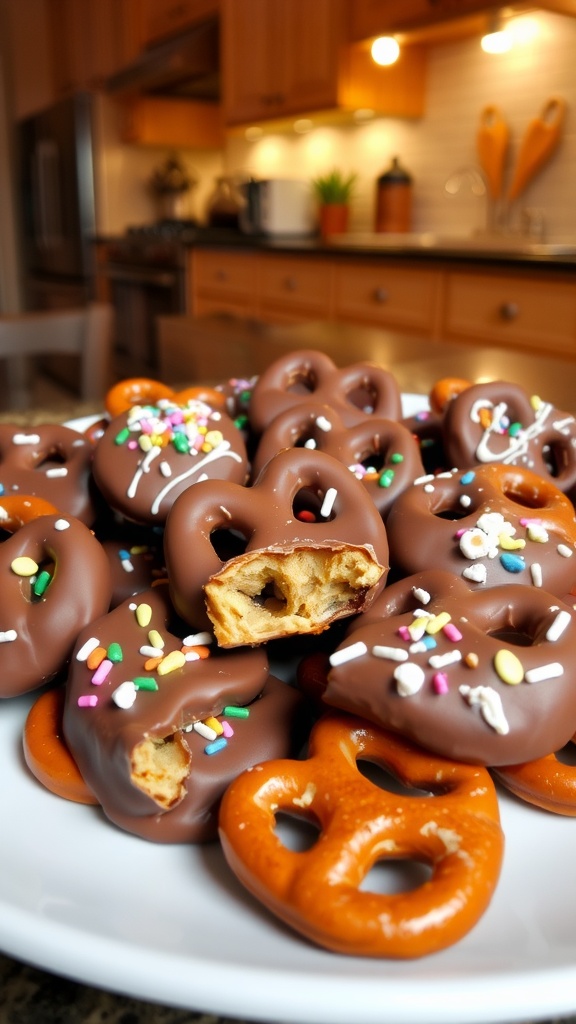 A plate of chocolate-covered pretzels with colorful toppings, set against a warm kitchen background.